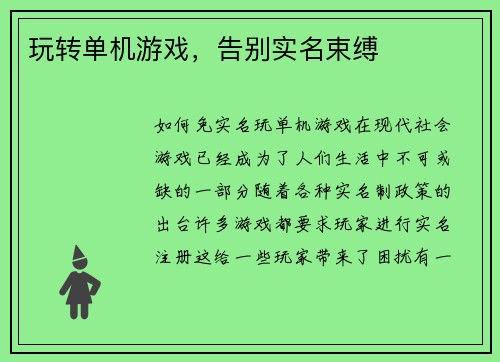玩转单机游戏，告别实名束缚